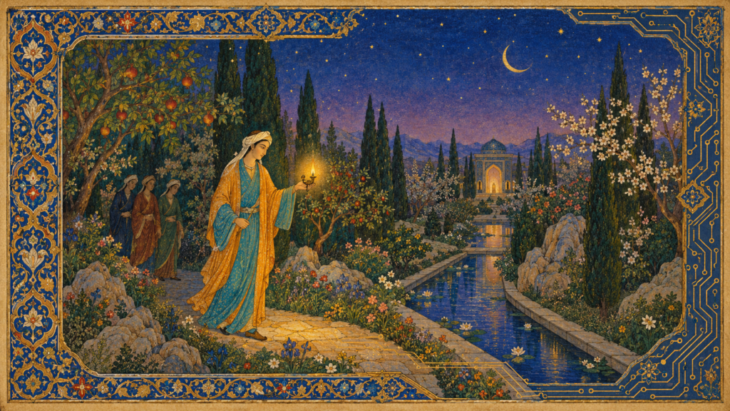 An illuminated garden path.